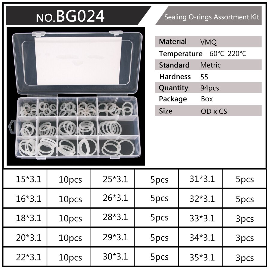 Silicone VMQ Blanc Joints toriques OD 6mm-20mm CS 1.5mm 1.9mm Durable JOINTS TORIQUES Assortiment Kit 10 Tailles 150 Pièces/ensemble BG037: BG024 x1