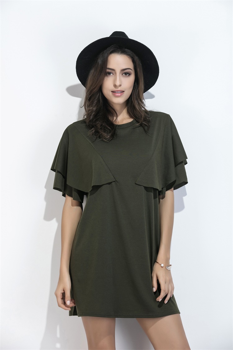 Army Green Summer Women Dress Round Neck Butterfly Sleeve Casual Loose Knitted Shift Mini Dress 1477