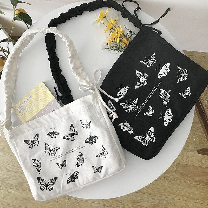 Butterfly Women Canvas Bag Cotton Cloth Fabric Crossbody Bags Lady Large Capacity Shoulder Bag Drawstring Strap