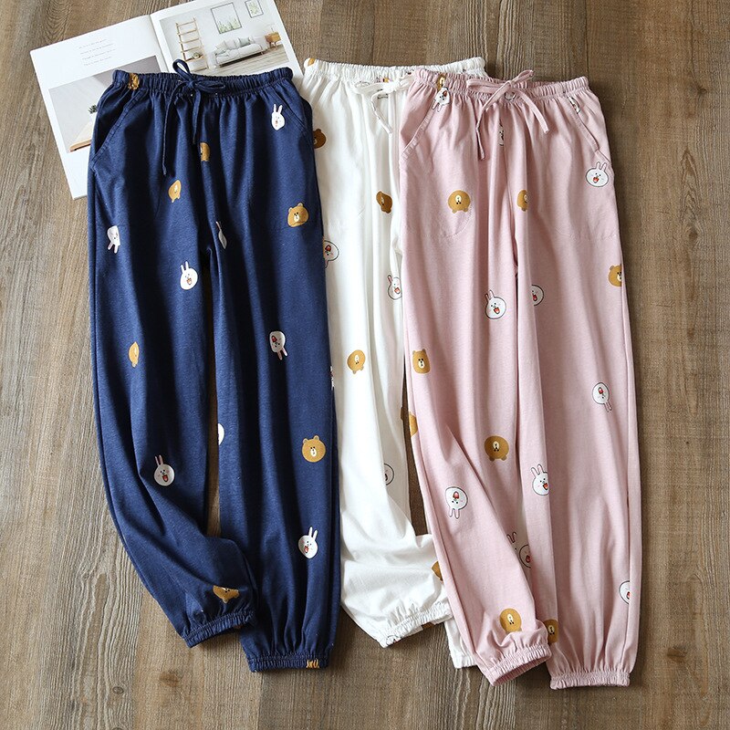 Spring Autumn Sleep Bottoms Korean Style Madam Summer Thin Cotton Loose Comfortable Home Women Night Trousers Sweet Print брюки