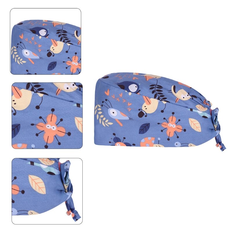 Dokter verpleegkundige katoenen werkmuts met zweetband verstelbare strik op de rug schattig cartoon dierenpatroon kalebasvormige bouffant scrub hoed h