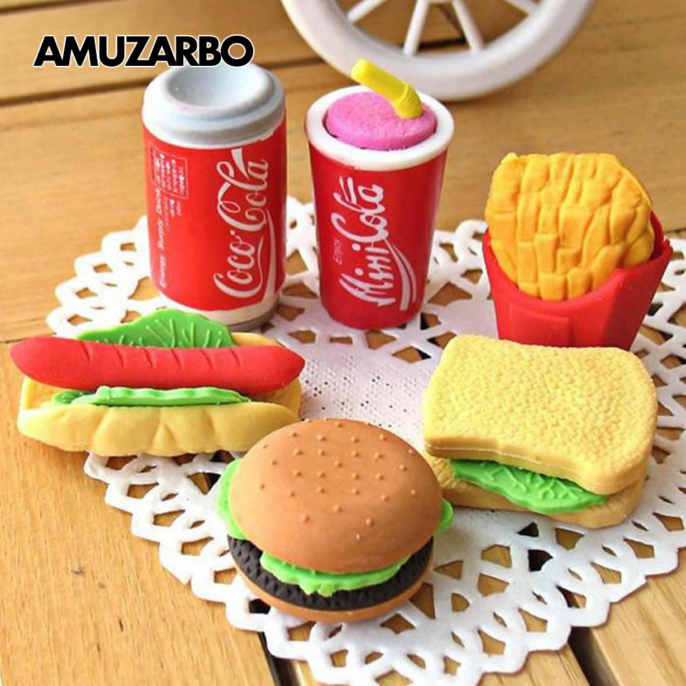 Cute Eraser Kawaii Mini Hamburger Dog Cola Fries Cake Erasers School Office Writing Correction Stationery Supplies Kids