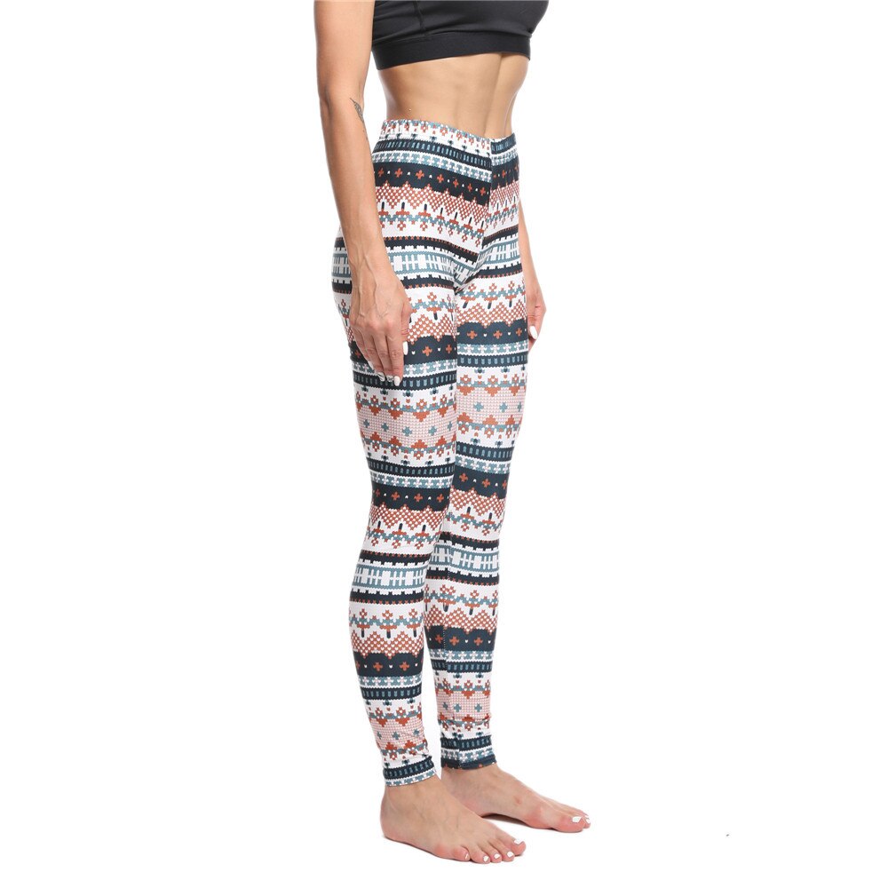 Dames fitness slanke legging kerst sneeuw hert bloemenprint gestreepte broek kerst legging: Sneeuw -2 / M
