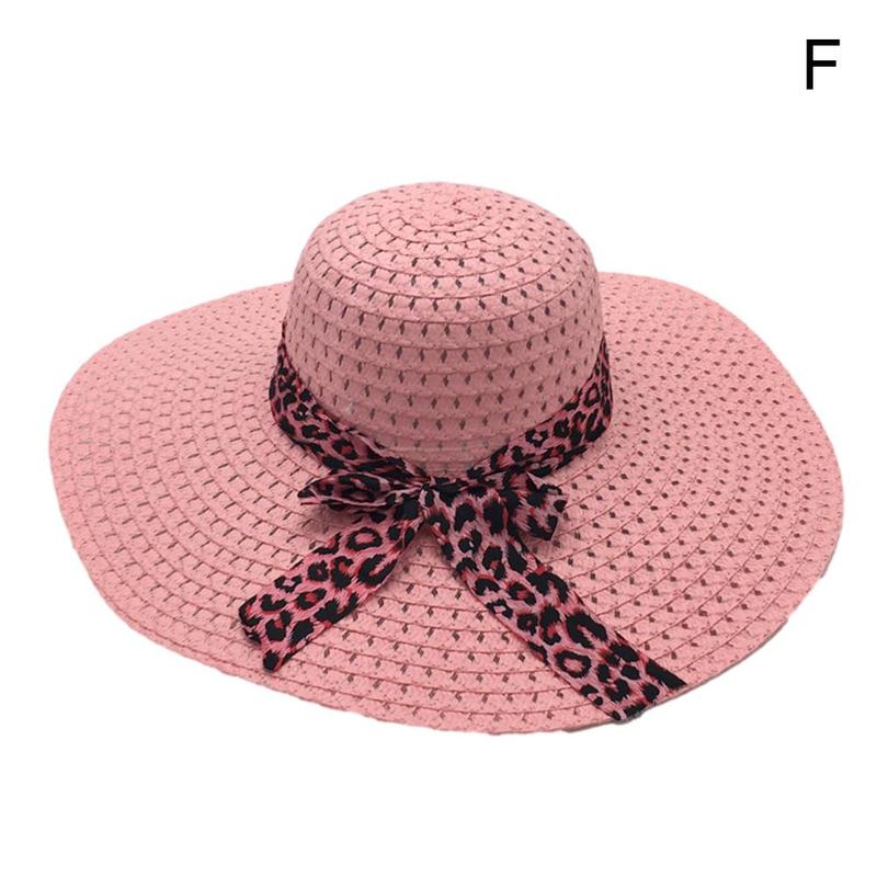Chapeaux de Protection solaire pour femmes, couvre-chef de plage en paille fait à la main, style Boho décontracté, nœud papillon léopard, à large bord, été,: leather pink