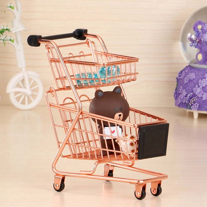 Mini Double Layers Shopping Cart Model Wrought Iron Supermarket Trolley Metal Rose Gold Storage Basket