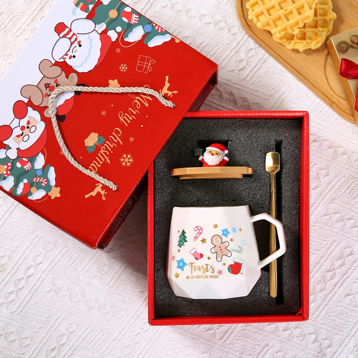 Christmas Set:Ceramic Mug with Lid Spoon Set Mug Box Featuring Santa Claus for Office or Home Use CoffeeCups: Pink