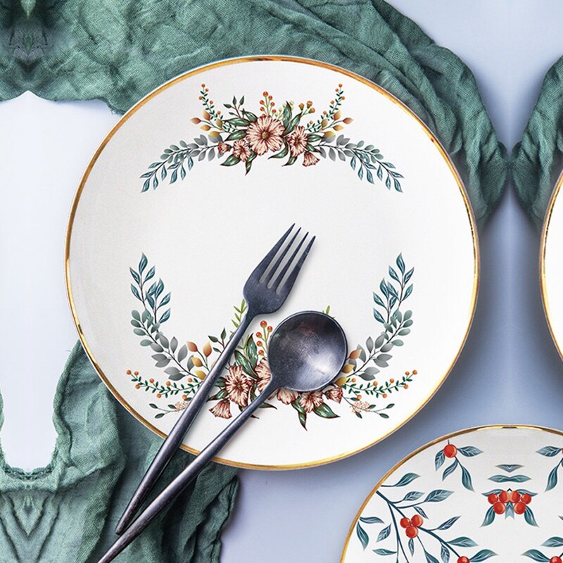 Leaf Print Bone China Dinner Plate For Wedding Home Dishes and Plates Steak Deesert Round Plate Year Annual Decoration Plate