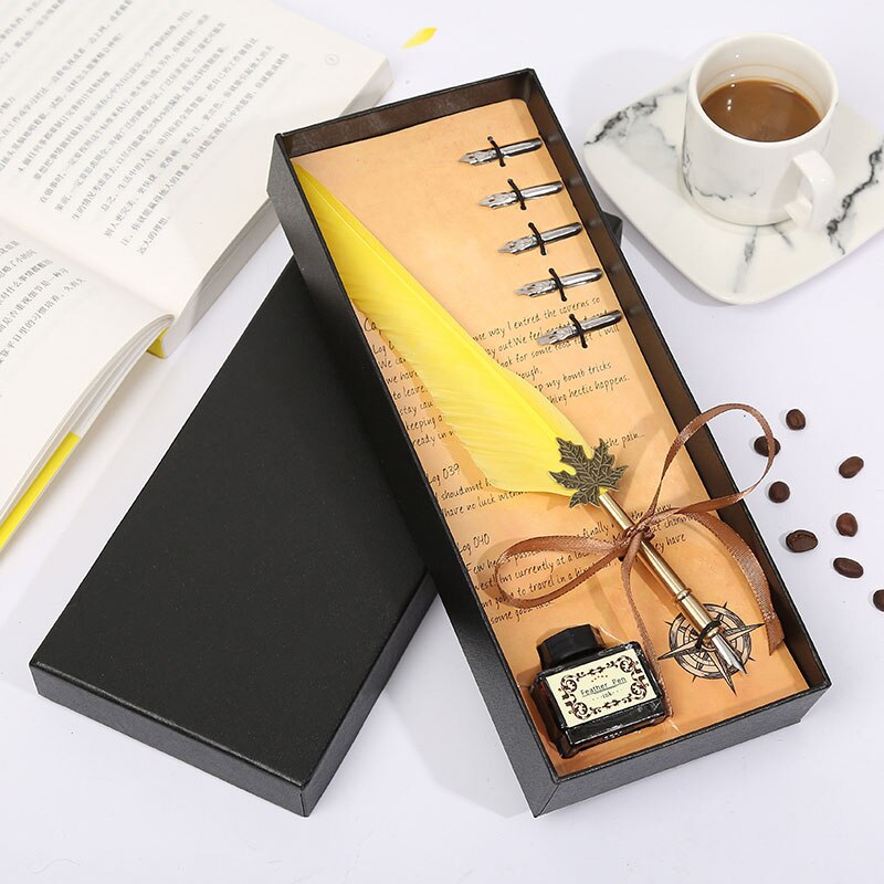 Retro Vintage Kalligrafie Veer Pen Schrijven Pen Briefpapier Geschenkdoos Bruiloft Student Briefpapier Set: Yellow
