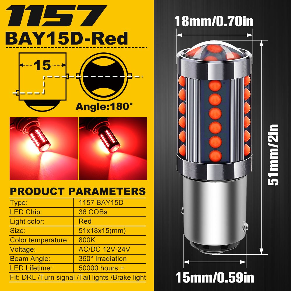 BAY15D-enquêter arrière LED rouge pour voiture, ampoule de stationnement, signal de freinage, 36 COB, 2x1157,