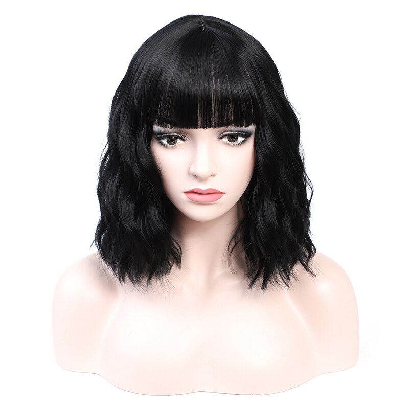 Perucas de cabelo curto ondulado sintético da onda de água com franja fibra resistente ao calor cosplay peruca de cabelo diário preto vermelho azul claro: #1B