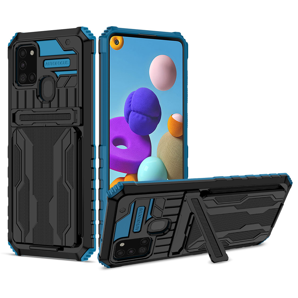 Voor Galaxy A21S Case Voor Samsung A21S Card Armor Coque Stand Holder Shockproof Bescherming Telefoon Terug Beschermhoes SM-A217F: For Galaxy M02 / Blue