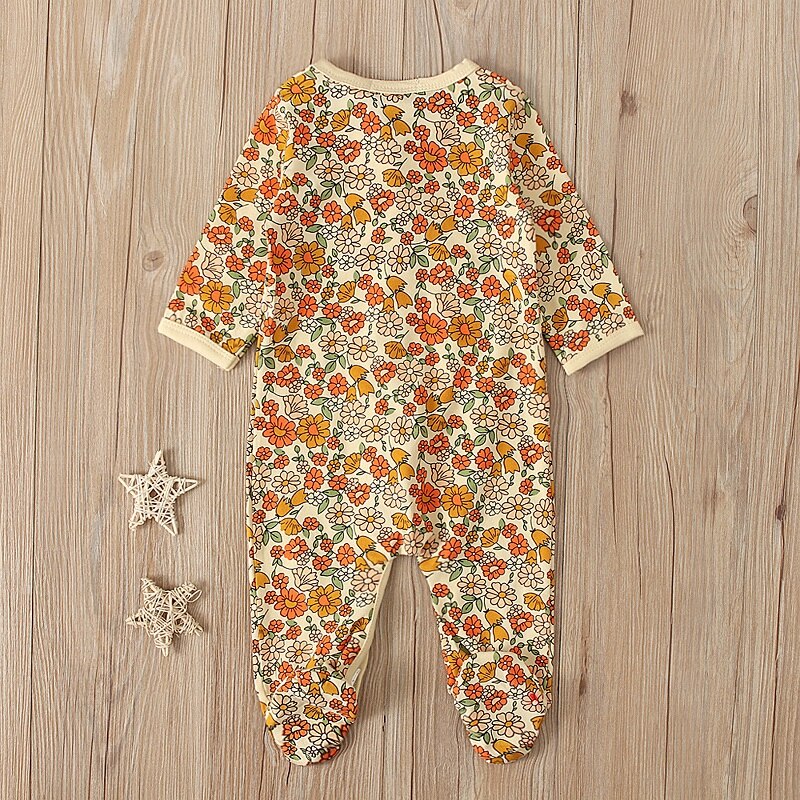 0-12M Leuke Pasgeboren Baby Jongen Meisje Lange Mouwen Rits Bloemen Romper Jumpsuit Met Footies Outfits Katoenen Kleding