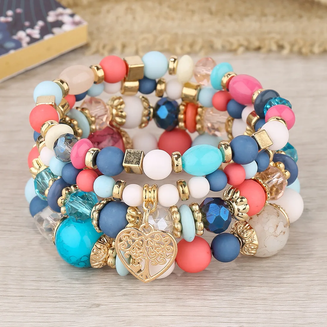 Conjunto de pulsera de cadena de cuentas acrílicas para mujer, brazalete elástico con dije de árbol de la vida, accesorios de joyería bohemia, 4 Uds.: VERMEIL