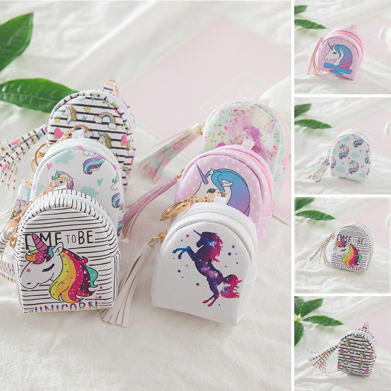 Multi Purpose Womens Glitter unicorn Small Mini Wallet Card Holder Coin Purse Unicorn Handbag zipper Waterproof Key Hanging