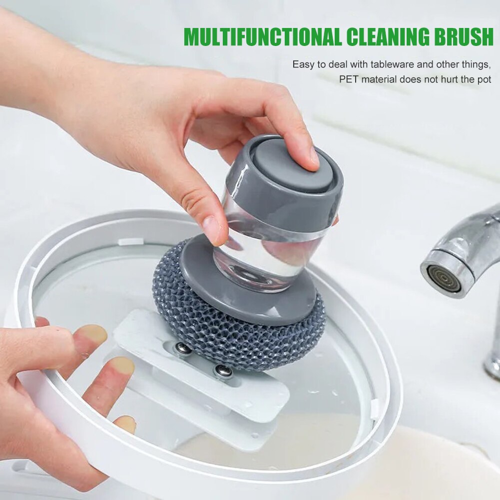 Soap Dispensing Palm Brush with Storage Tank Steel Wire Ball Dish Pot Cleaning Scrubber Brush Kitchen Accessories