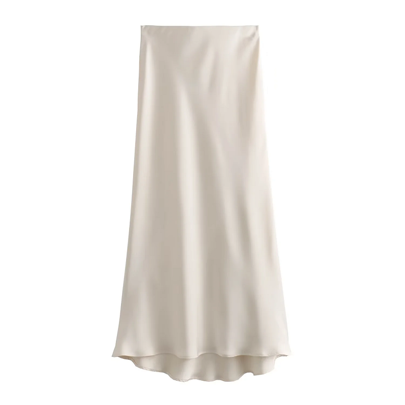 ONKOGENE Satin Midi Frauen Rock Mittlere Taille Falten Dame Rock 2024 Frühling Sommer Neue Elegante Casual Büro Frauen Kleidung: L / Beige