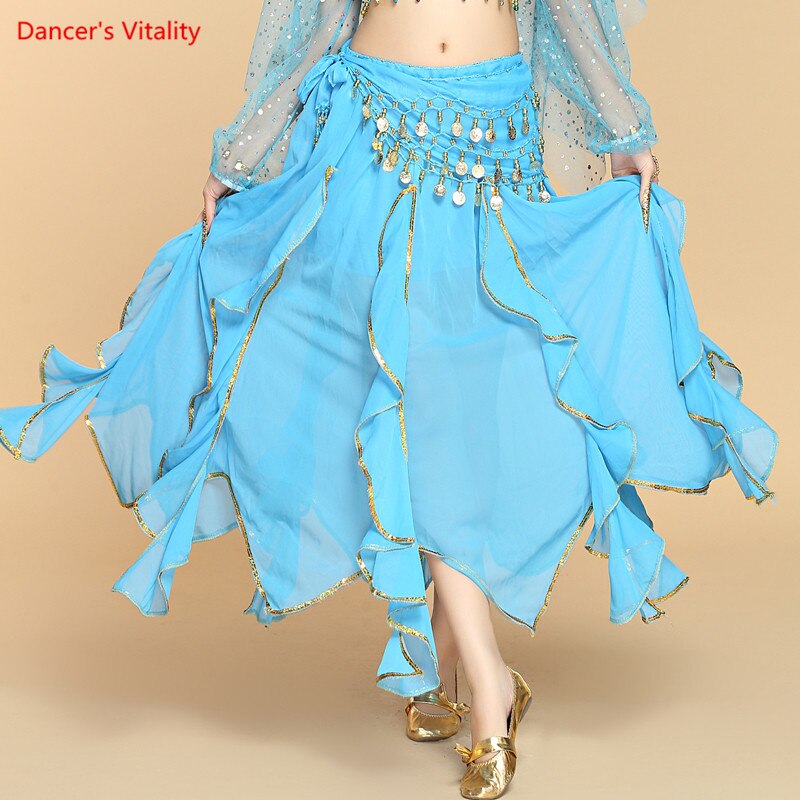 Falda de danza del vientre para mujer, falda de entrenamiento para adultos, Pantalones de danza del vientre, Tribal, lentejuelas, barata, nueva de: Azul cielo