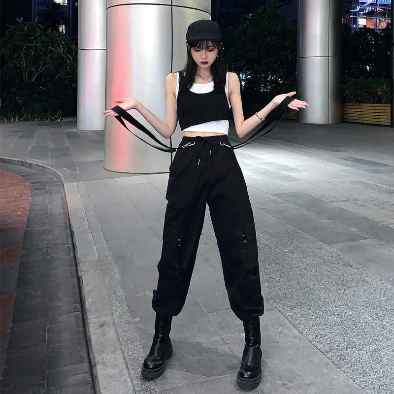 Qweek goth cargo bukser kvinder punk plus size bukser harajuku bukser med høj talje overdimensioneret aftagelig rem løs afslappede bukser emo