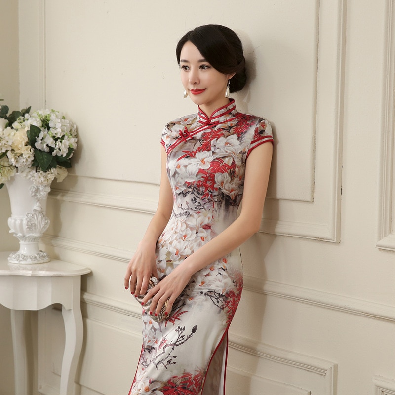Lange cheongsam retro verbeterd temperament slank chinees kostuum qipao chinese dame lange zijden avondjurk