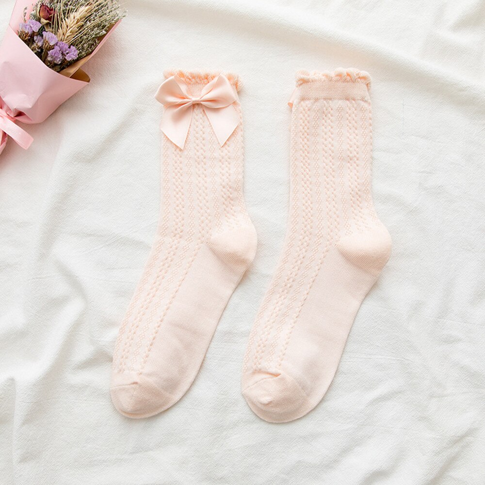 Medium Tube Woman Socks Ruffle Socks Lolita Bow Socks Cosplay Costumes Accessories Cotton Socks Cute Sweet Girl: style1 Pink