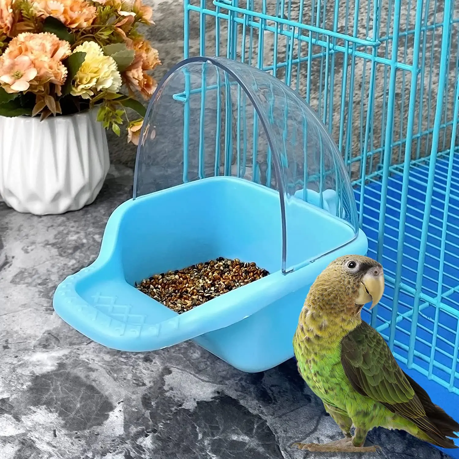 Jaula de prevención de salpicaduras para pájaros, comedero colgante de agua para loros y aves, contenedor de comida para mascotas, suministros para pájaros
