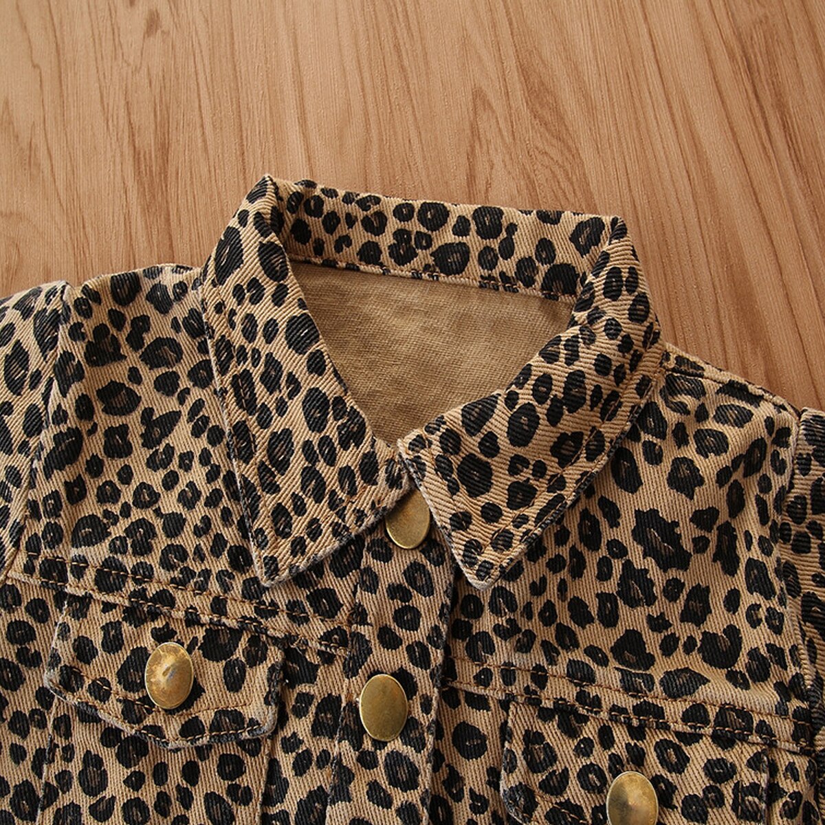 Chaqueta de manga larga con cuello doblado para niña, de leopardo con botones, bolsillos delanteros, a la , primavera y otoño