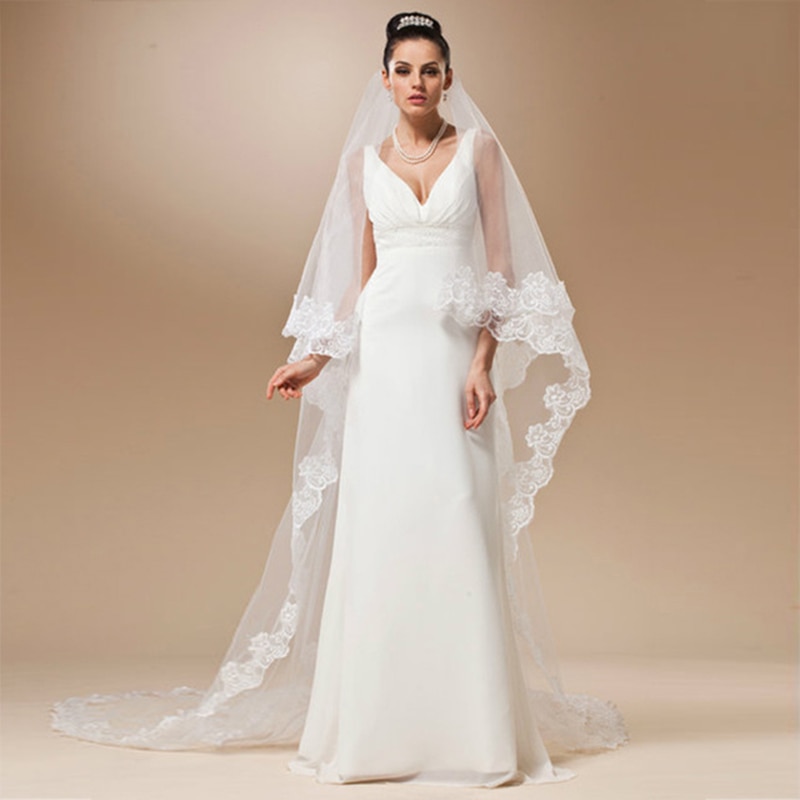 Vrouwen Kant Bruiloft Sluier 3 Meter Lange Kathedraal Met Kam Een Laag Tull Applicaties Bridal Veils