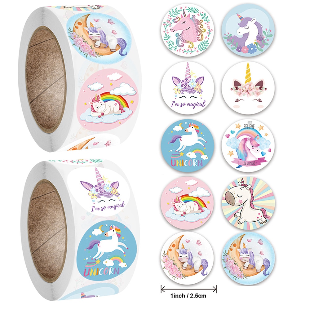500pcs/roll Cute Cartoon Unicorn Sticker Childrens Reward Label Decoration Teacher Encouragement Student 2.5cm Sticker