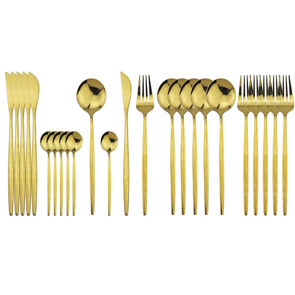 Ensemble de 24 couverts en acier inoxydable, couverts noirs, cuillère, fourchette 304 couteau, couverts occidentaux pour mariage, sécurité lave-vaisselle: Or 24 pièces