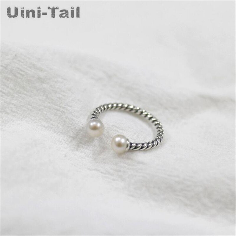 Uini-Tail Korea 925 Sterling Silver Personality Retro Twist Pearl Open Ring Pearl Trend