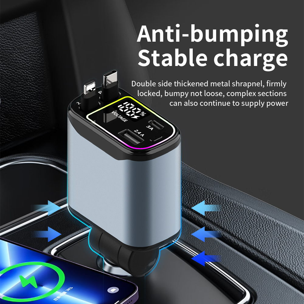 Intrekbare autolader, 4-in-1 snellaadautolader 66 W, intrekbare kabel en 2 USB-poorten, autoladeradapter compatibel
