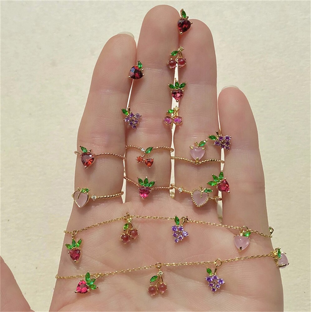 Sweet Crystal Apple Strawberry Cherry Grape Rings for Women Cute Fruit Gold Rings Set Party Jewelry Summer Style