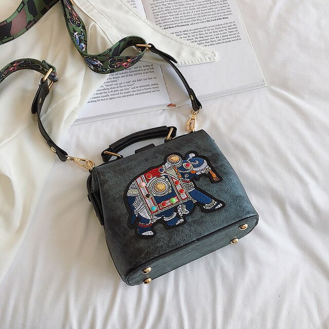 Yogodlns – sac à bandoulière en cuir PU pour femmes, sac à main Vintage brodé éléphant de styliste, bourse pour dames: Black