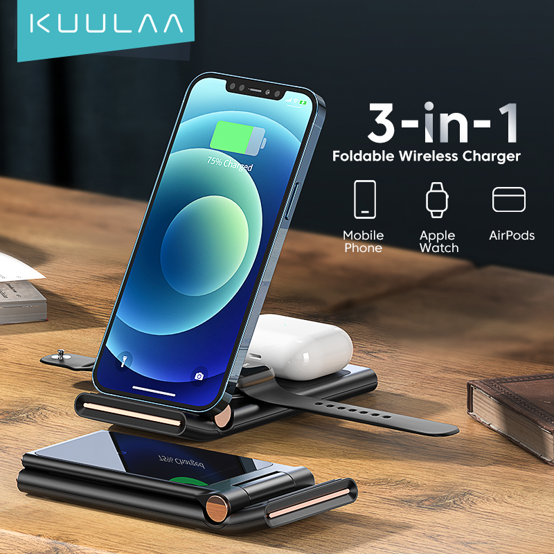 Kuulaa qi wireless charger 3 in für iphone 12, 11 pro 1 xs max, xr  x 8, faltbare ladestation für apple watch und airpods pro