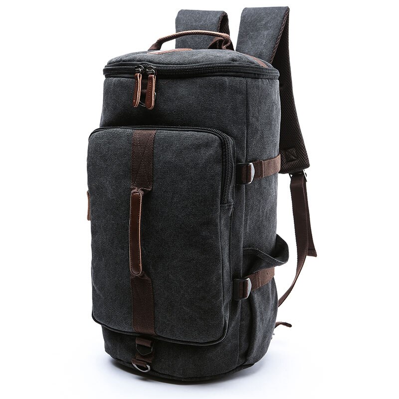 Grandi Uomini di Capacità Cilindro Zaini Tela di Canapa Bagaglio Borse A Spalla Duffle di Viaggio Impermeabile di Cuoio Solido Casual Caso Zaino: Black-Large