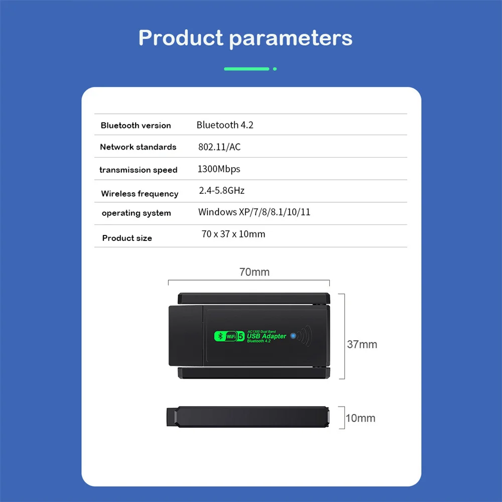 2 in 1 USB 3.0 WiFi Bluetooth Wireless Adapter, 1300Mbps Dual Band 2.4/5Ghz Wireless Network card Receiver AC1300 WiFi 5 Dongle