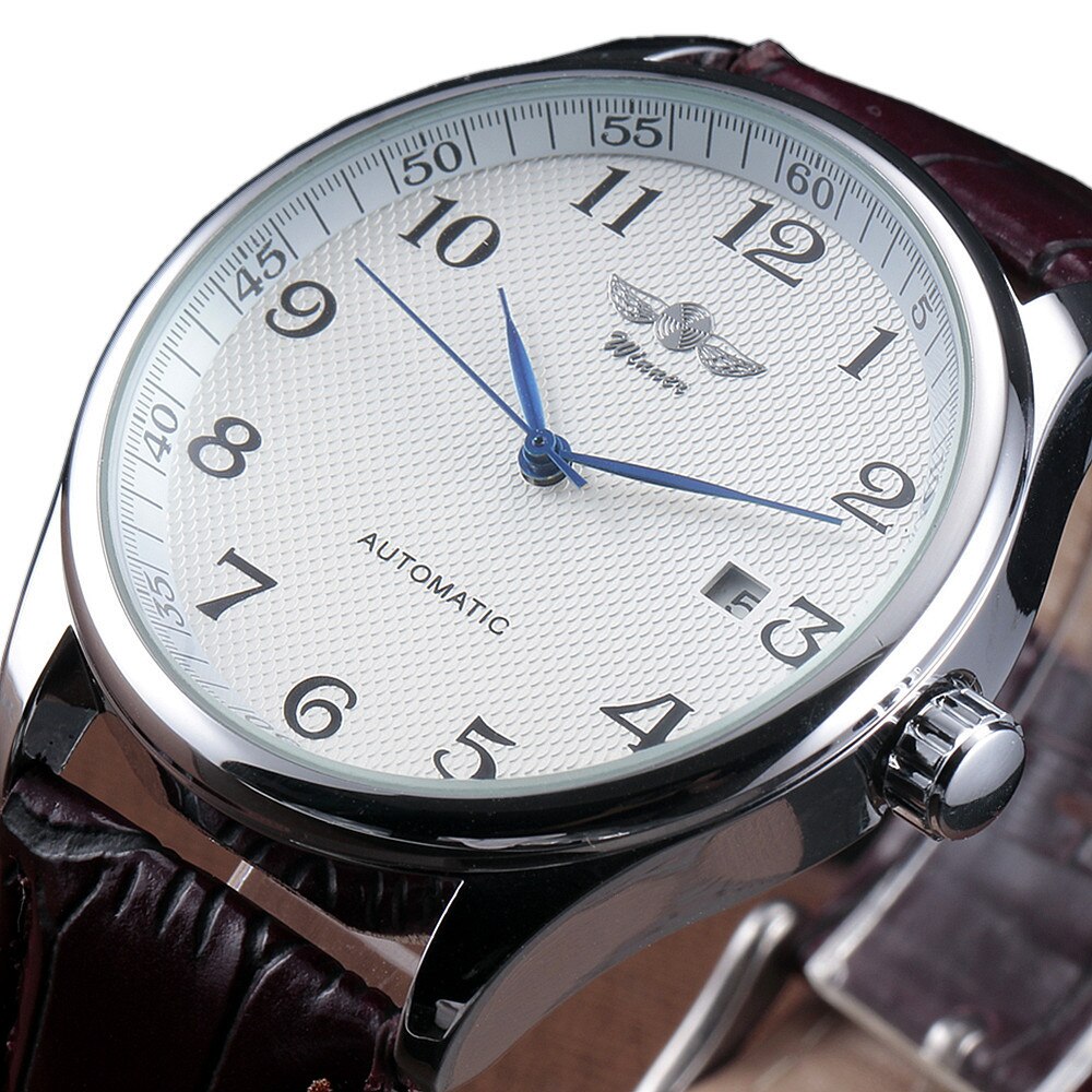 WINNER Famous Brand Men Business Automatic Watches Auto Date Man Mechanical Wristwatches Leather/Stainless Steel Band: Brown