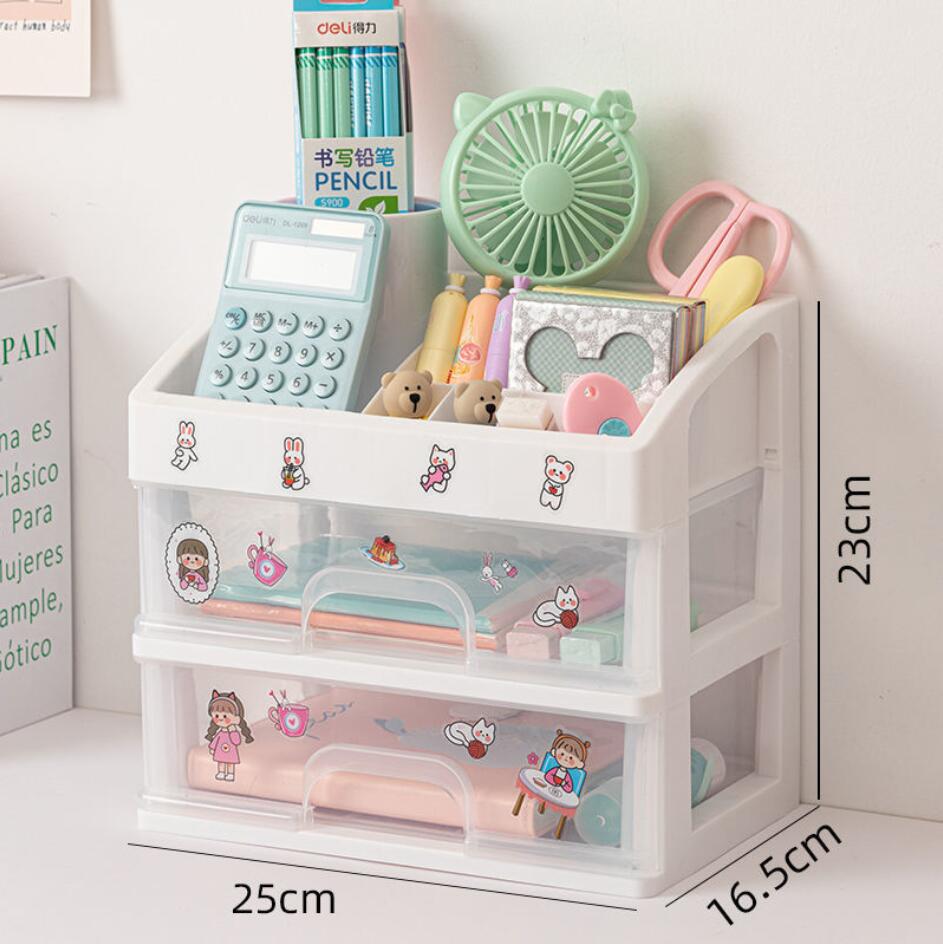 Cute Multi-storey Drawer Desktop Organizer Desk Storage Box Free Sticker home Transparent Desk Stationery office Accessories: Medium-2layer