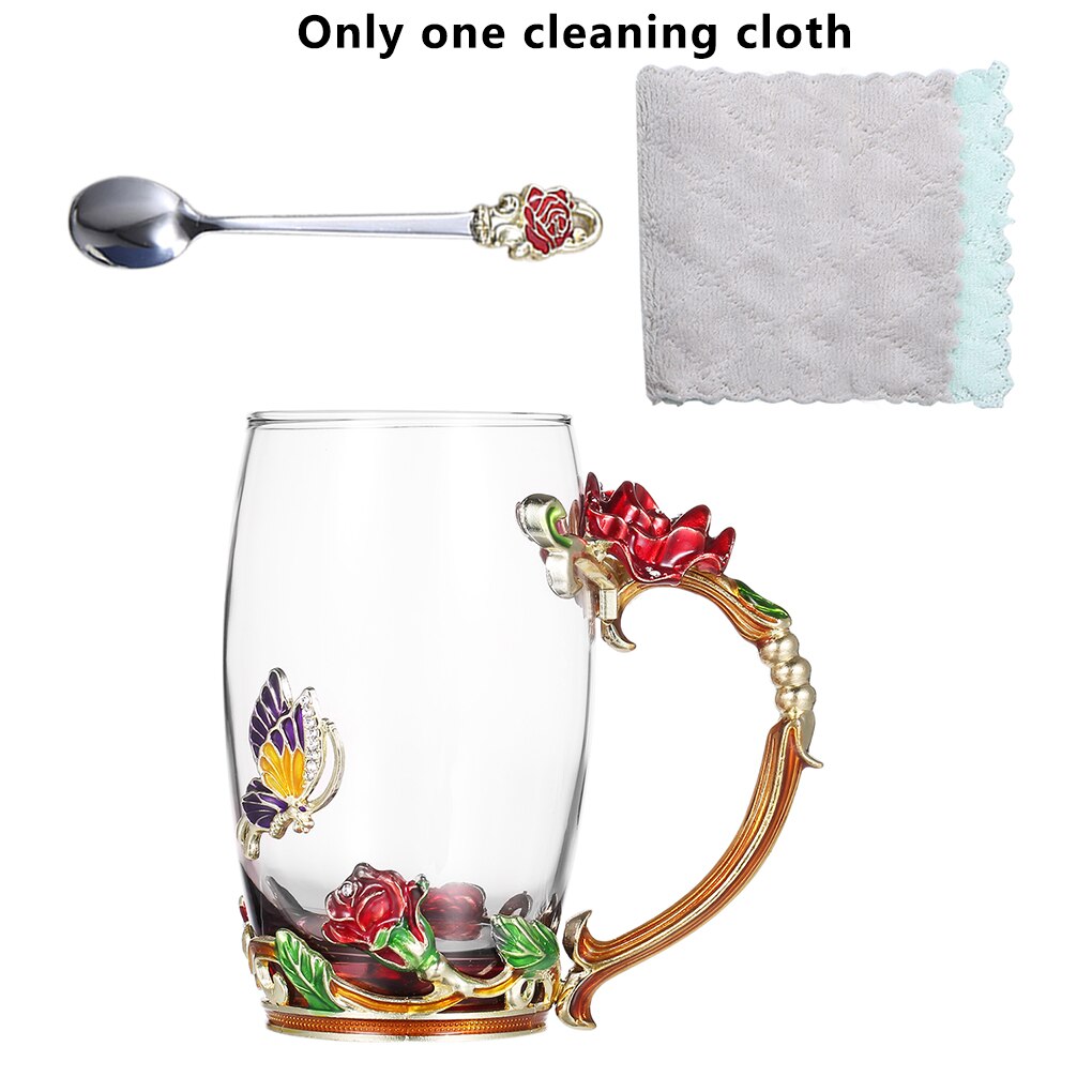 FenKicyen Enamel Glass Cup Red Blue Rose Flower Coffee Cup Wine Cocktail Glasses Tea Mug With Spoon For Lover 320-350ml 1pc: Red Rose-350ml