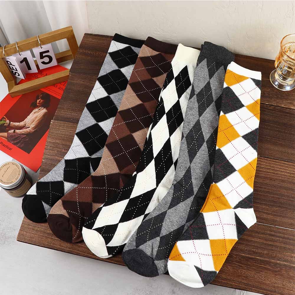 Girl JK Knee High Socks Stockings College Rhombus Plaid Knee Socks Women Keep Warm Female Sock Ladies Long Socks