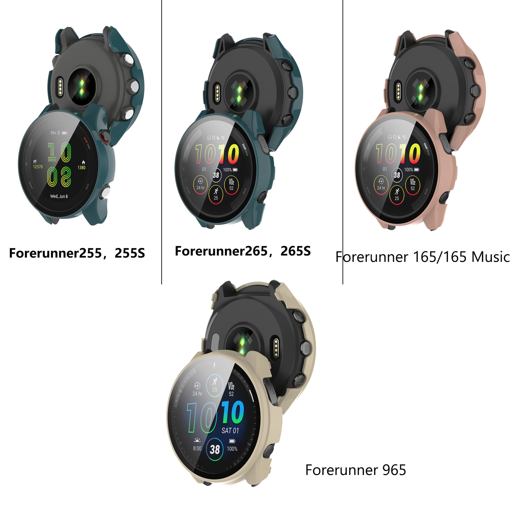 För garmin forerunner 255 255s 265 265s 165 music 965 , hårt pc-stötfångarfodral med ram + hd slim, härdat glas, repfritt