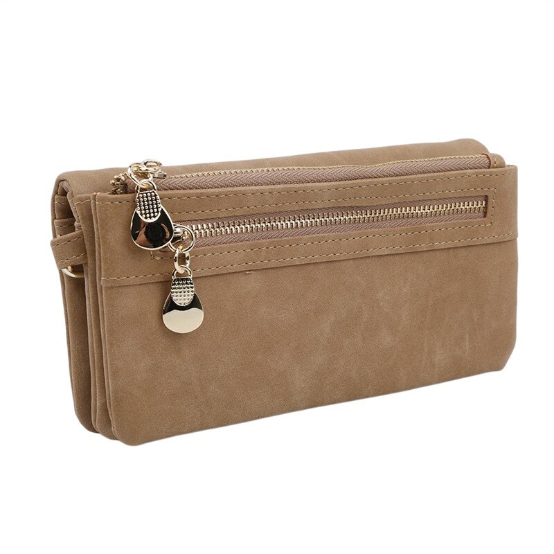 Women Wallets Dull Polish Leather Wallet Double Zipper Day Clutch Purse Wristlet Portefeuille Handbags Carteira Feminina: Beige