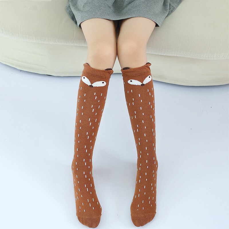Skolebarn små piger knæhøje lange sokker børn ræv / kat print bomuld varme benstøvler til pige tilbehør til tøj: Guld