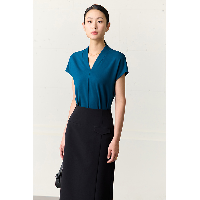 AMII Minimalisme 2023 Zomer dames T-shirt Klassieke Stijl Casual V-hals Korte Mouw Effen Stretch Vrouwelijke Tops & Tees 12312013: L / Bruin