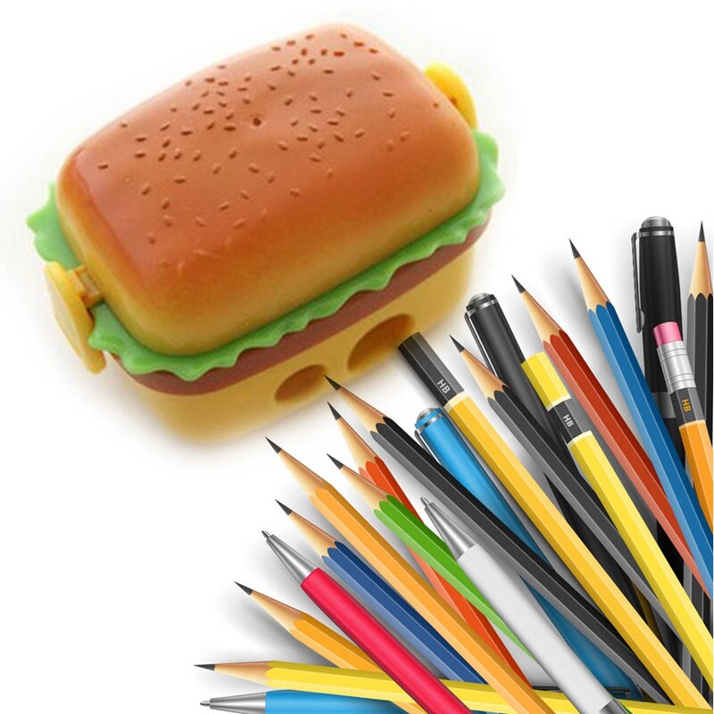 Sacapuntas con forma de hamburguesa de 2 orificios con dos gomas/borrador cuchillo de lápiz escolar para niños suministros de papelería