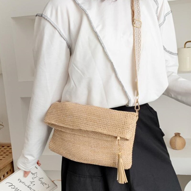 Bolso bandolera tejido de paja para mujer, bolso bandolera de playa para verano, bolso de mujer duradero tejido de paja para playa, novedad