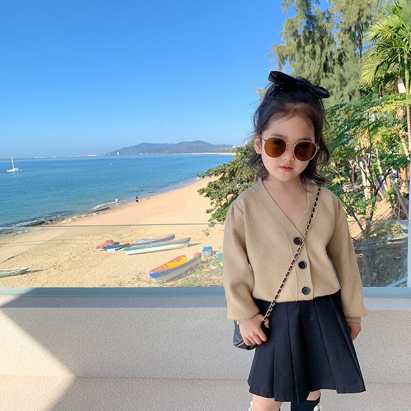 Kinderen Meisjes Beige Vest Trui Voor Kinderen Breien Lange Mouw Lente Jas Uitloper Casual Kleding