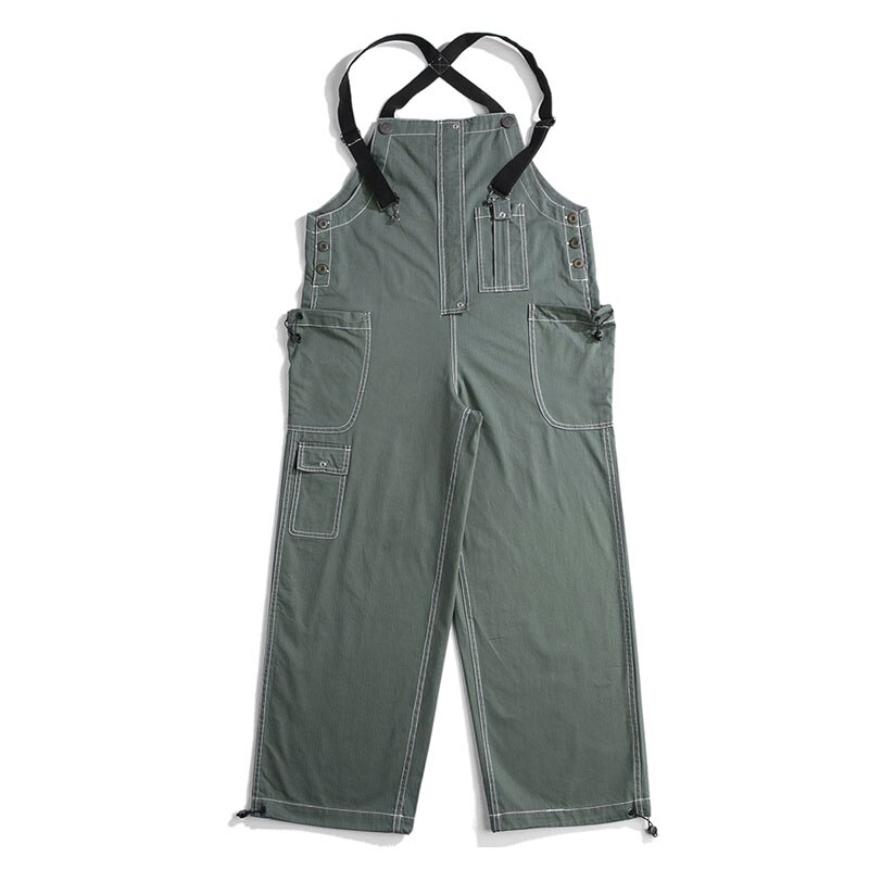 Men's Bib Overalls Loose Pant Navy Blue Solid Color Casual Japan Style Man Army Green Jumpsuits Rompers: L / Green