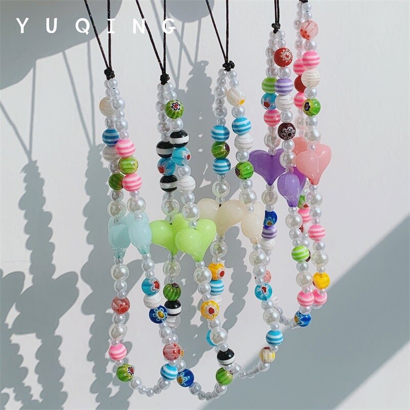 2022 Mobile Phone Charm Beads Anti-loss Telephone Lanyard Jewelry For Women Heart Mobile Phone Chains Accessories