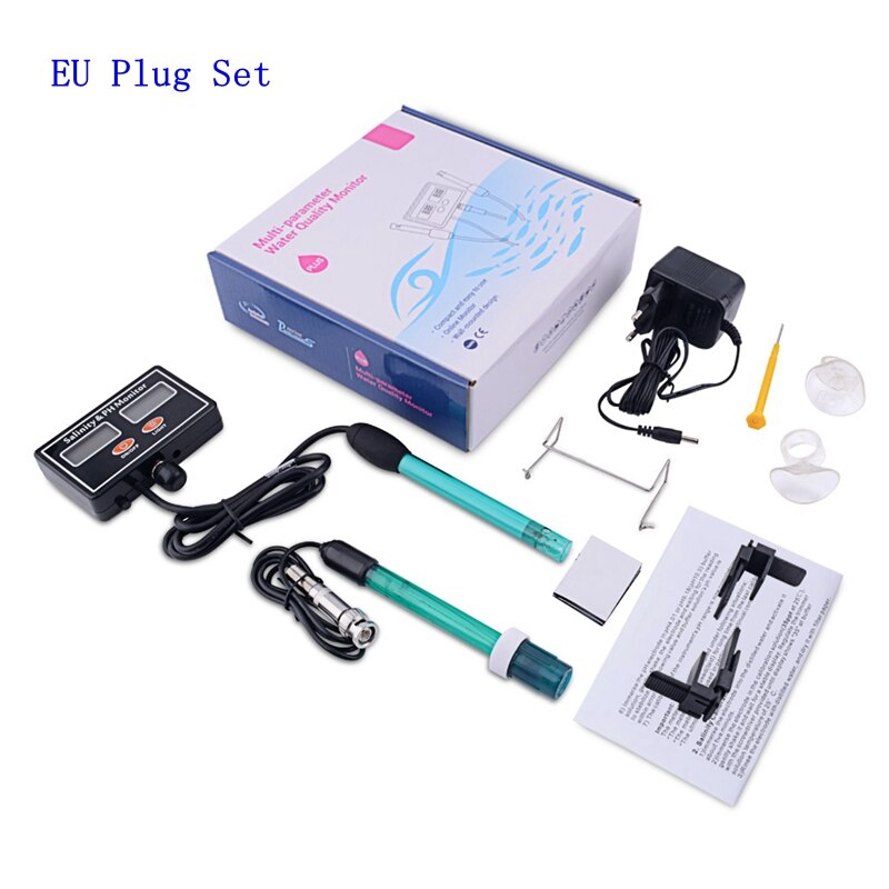 2in1 PH &amp; Salinity Monitor Digital Online LCD pH Salinity Meter for Aquarium Seawater Fish Tank pH Salt Water Tester: EU Plug Set